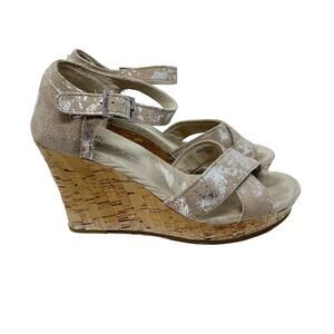 Toms Womens 7.5 Silver Gray Metallic Sierra Espadrille Cork Wedge Cross Heeled
